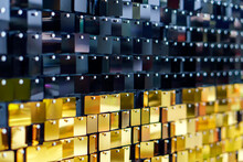 Texture Plastic Squares Of Black And Gold Color With Multi-colored Highlights
