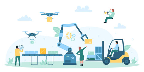 Factory warehouse automation, warehousing vector illustration. Cartoon tiny people and robots work in industrial wholesale stockroom, machines help workers and load cardboard boxes with goods