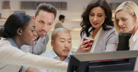 Poster - Computer, teamwork or business people with ideas, solution or planning in strategy meeting for a startup company. Diversity, support or employees coworking on a marketing or advertising group project