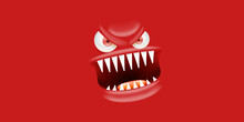 Vector Funny Angry Red Christmas Monster Face With Open Mouth With Fangs And Evil Eyes Isolated On Red Background. Christmas Cute And Angry Monster Design Template For Poster, Banner And Tee Print