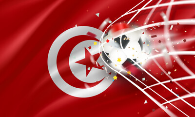 Poster - The ball in the soccer net. Goal vector concept with flag of Tunisia. 3d vector banner with blur effect