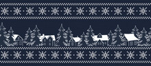 Christmas background. Winter holiday pattern. Seamless border. White silhouettes of houses and fir trees on dark blue knitted background. Vector illustration