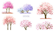 Vector Watercolor Blooming Flower,tree Or Forest Side View Isolated On White Background For Landscape And Architecture Drawing,elements For Environment And Garden,botanical For Section In Spring