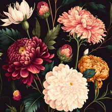 Realistic Blooming Peonies And Chrysanthemums Pattern