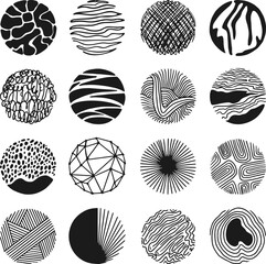 Sticker - Abstract grunge round textures. Hand drawn drops, lines and spirals. Circle decorative graphic, art prints. Scribble black modern neoteric vector collection