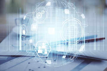 Poster - Computer on desktop with social network hologram. Double exposure. Concept of international people connections.