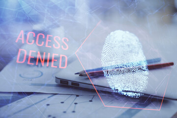 Aufkleber - Computer on desktop in office with finger print drawing. Double exposure. Concept of business data security.