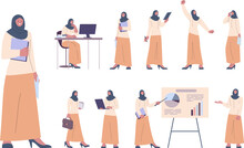 Arab Woman Working. Arabian Girl, Arabic Businesswoman Work. Cartoon Flat Muslim Female Character. Lady Professional, Kicky Vector Business Office Poses