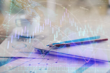 Aufkleber - Forex graph hologram on table with computer background. Double exposure. Concept of financial markets.