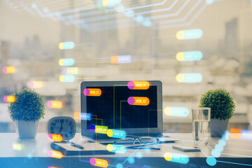 Poster - Double exposure of table with computer on background and data theme drawing. Concept of innovation.