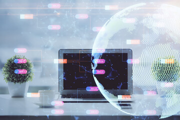Poster - Double exposure of desktop with computer and world map hologram. International data network concept.