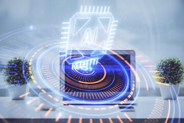 Poster - Double exposure of table with computer on background and data theme drawing. Concept of innovation.