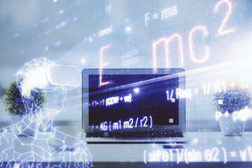 Poster - Desktop computer background and formula hologram writing. Double exposure. Education concept.