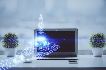 Poster - Desktop computer background in office and start up theme hologram drawing. Double exposure. Startup concept.