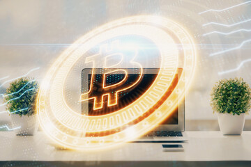 Poster - Double exposure of blockchain and crypto economy theme hologram and table with computer background. Concept of bitcoin cryptocurrency.