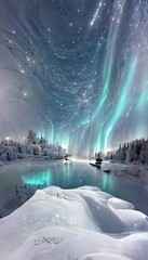 Wall Mural - Winter snow covered landscape, northern lights in the sky reflecting on the lake,stars shining, Merry christmas and happy new year greeting background