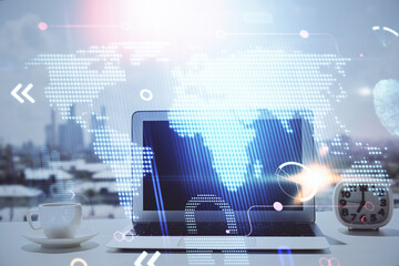 Poster - Double exposure of desktop with computer and world map hologram. International data network concept.