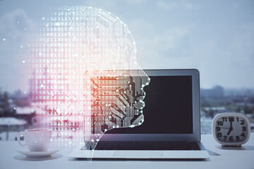 Poster - Double exposure of desktop with computer and brain drawing hologram. Artificial intelligence concept.