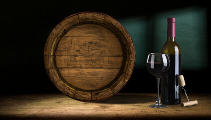 Wall Mural - Excellent red wine bottles, wineglass, barrel and corkscrew on a rustic wooden table: traditional winemaking and wine tasting concept. High quality photo