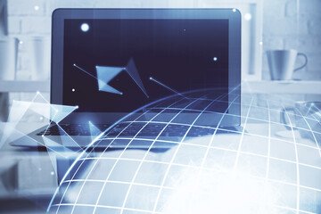 Poster - Multi exposure of table with computer and world map hologram. International data network concept.