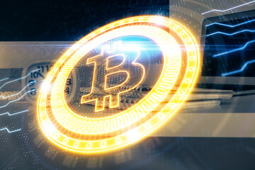 Poster - Multi exposure of blockchain theme hologram and table with computer background. Concept of bitcoin crypto currency.
