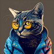 Hipster Cute Funny Art Cat Illustration Generative AI