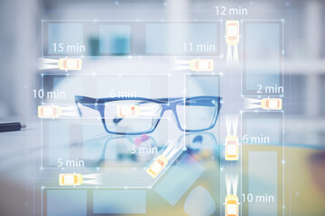 Poster - Automobile theme hologram with glasses on the table background. Autopilot concept. Double exposure.