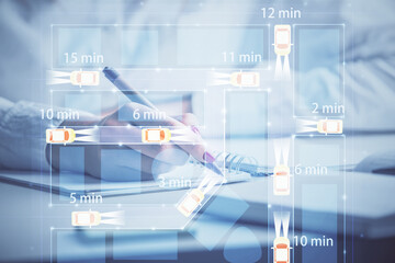 Poster - Tech autopilot theme hologram over woman's hands taking notes background. Concept of hightech. Double exposure