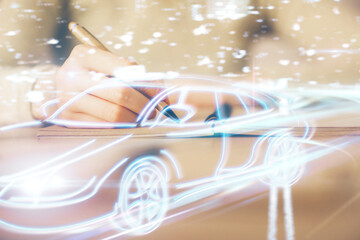 Poster - Tech autopilot theme hologram over woman's hands taking notes background. Concept of hightech. Double exposure
