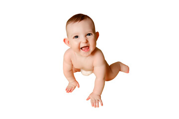 Happy toddler baby plays laughing, isolated on a white background. Funny child boy crawling and smiling, copy space