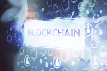 Aufkleber - Cryptocurrency hologram, bitcoin, ico theme over hands taking notes background. Concept of blockchain. Multi exposure