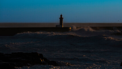 Poster - The Atlantic Lighthouse at dusk. Porto, Portugal.