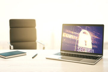 Poster - Creative lock sketch with chip hologram on modern computer monitor, protection of personal data concept. 3D Rendering