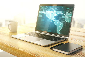 Leinwandbilder - Abstract digital world map with connections on modern computer monitor, big data and blockchain concept. 3D Rendering