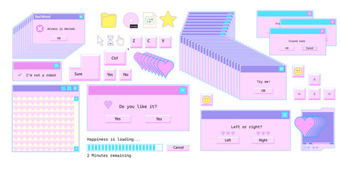 Retro message box with buttons, icons. Old user interface windows. Old style operating system. Nostalgia set of 1990s, 2000s pc elements. Y2K and retrowave style illustration