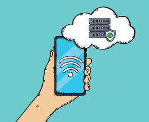 Poster - Vector graphic showing a hand holding a phone along with a wireless connection to a cloud server. The server is protected by an antivirus. The antivirus shield has a green checkmark.