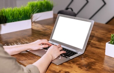 Poster - Laptop mockup, hands typing on computer keyboard, PC with white screen for web ad, presentation