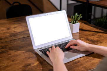 Poster - Laptop screen mockup, hands typing on computer keyboard, PC with white blank display for web site ad. Office desk
