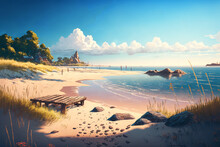 Beautiful Illustration Coastal Seascape , Beach View With Nobody