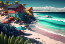 Beautiful Illustration Coastal Seascape , Beach View With Nobody