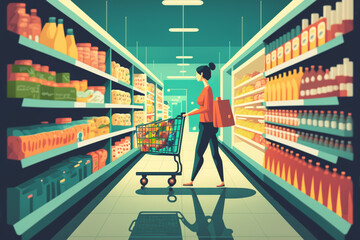 flat design illustration of a woman is shopping at supermarket with full cart