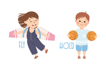 Sticker - Little Boy and Girl Flying and Holding Ball Demonstrating Vocabulary and Verb Vector Set