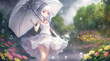 Sexy anime japanese light white dress under umbrella