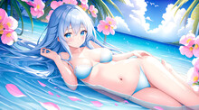 Sexy Anime Japanese Girl Big Blue Eyes On Sea