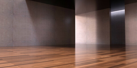 Wall Mural - Modern loft empty space interior background. Concrete wall, wooden floor, 3d