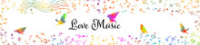Music Notes And Birds Horizontal Frame Background. Vector Illustration