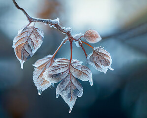 Wall Mural - winter background with frozen leaves hanging