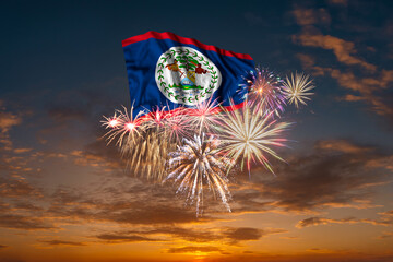 Sticker - Flag of Belize and Holiday fireworks in sky