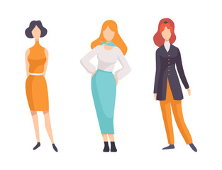 Wall Mural - Woman Character Wearing Vintage Clothing from 70s in Standing Pose Vector Set