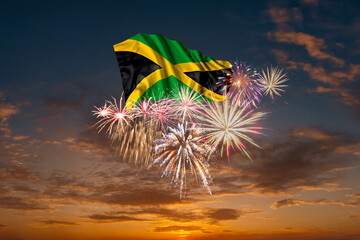 Sticker - Flag of Jamaica and Holiday fireworks in sky